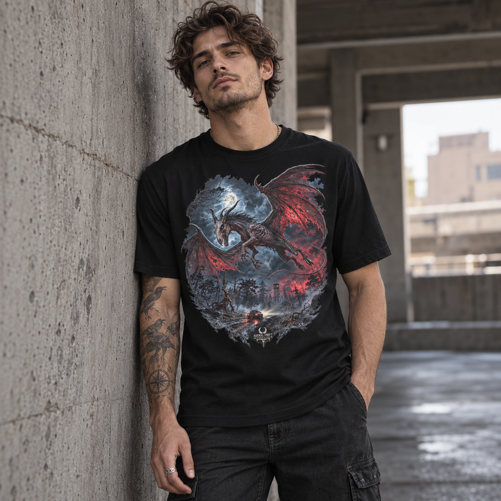 Model wearing Jersey Devil black cryptid graphic T-shirt by Astral Drift