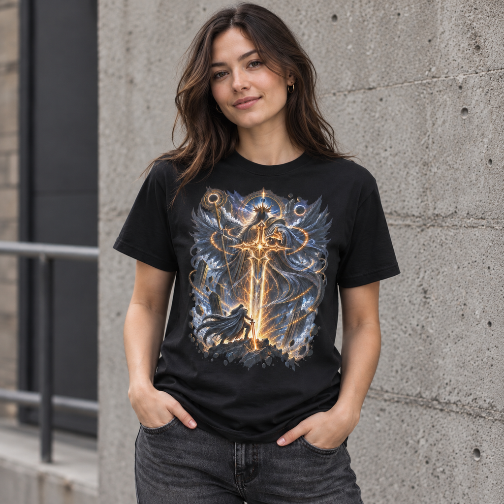 Starforged black celestial fantasy graphic T-shirt worn by model in an urban concrete setting