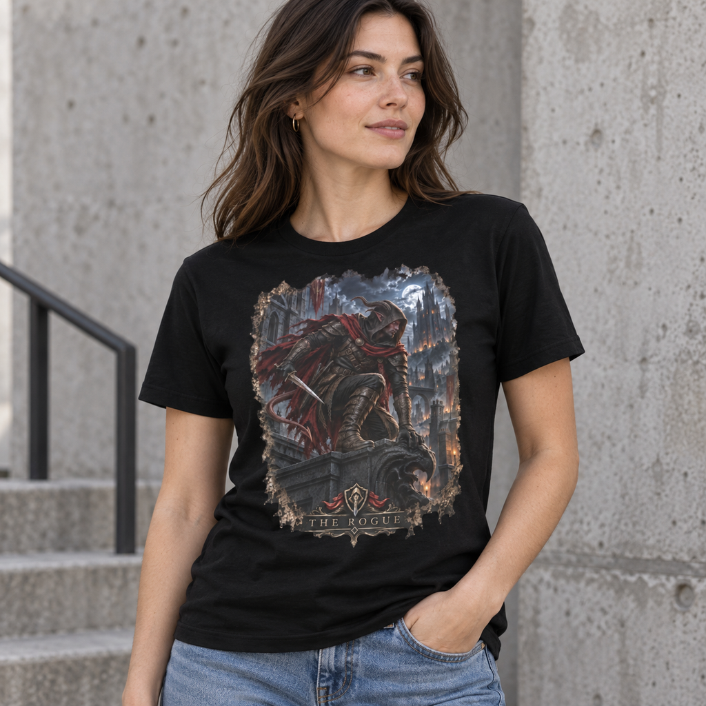 The Rogue Gloamforged black graphic T-shirt alternate model view – Astral Drift