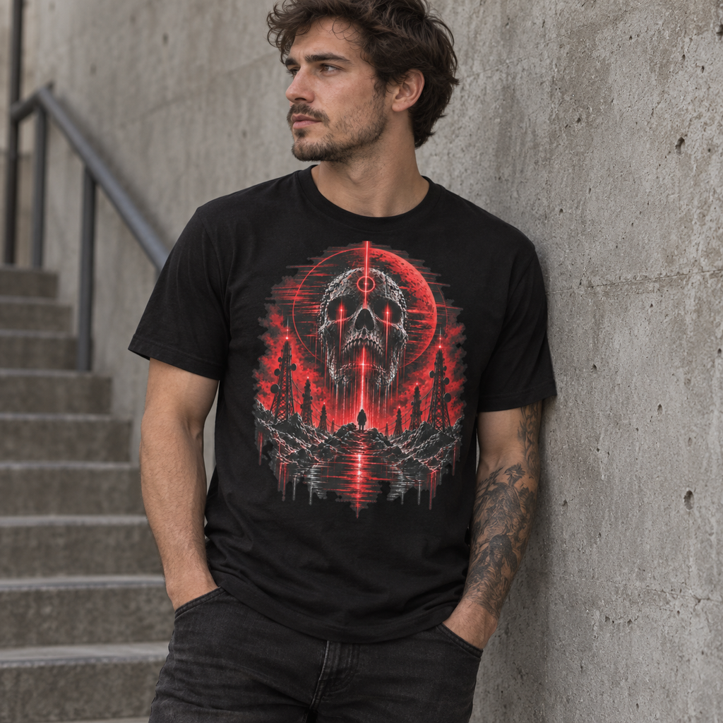 Dead Signal Red Static graphic tee with skull, transmission towers and red moon