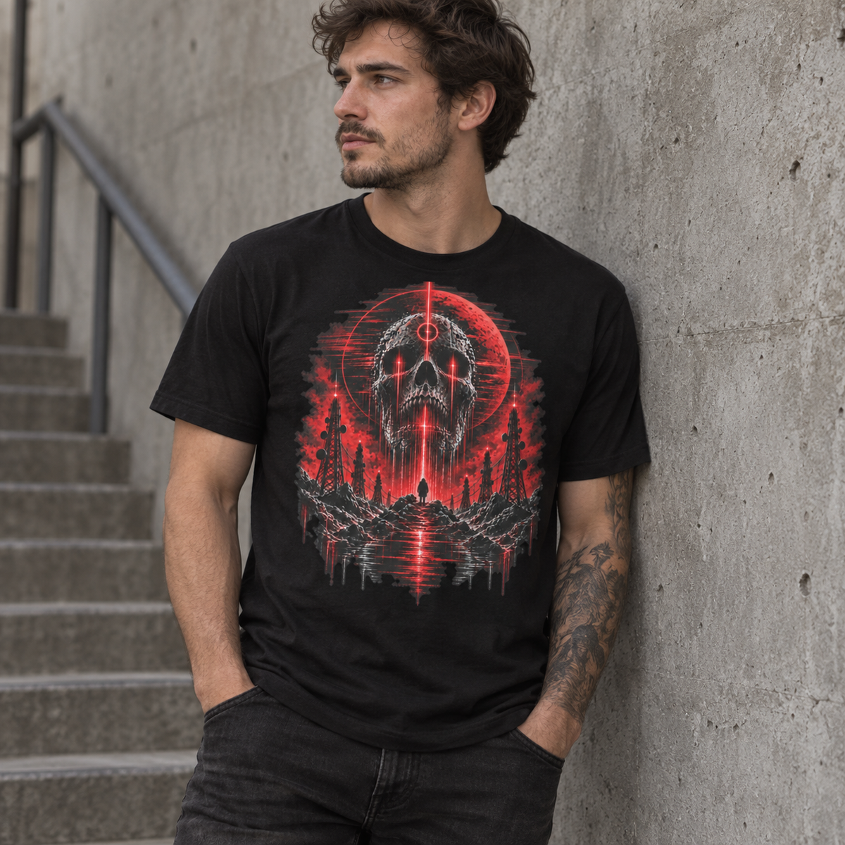Dead Signal Red Static graphic tee with skull, transmission towers and red moon
