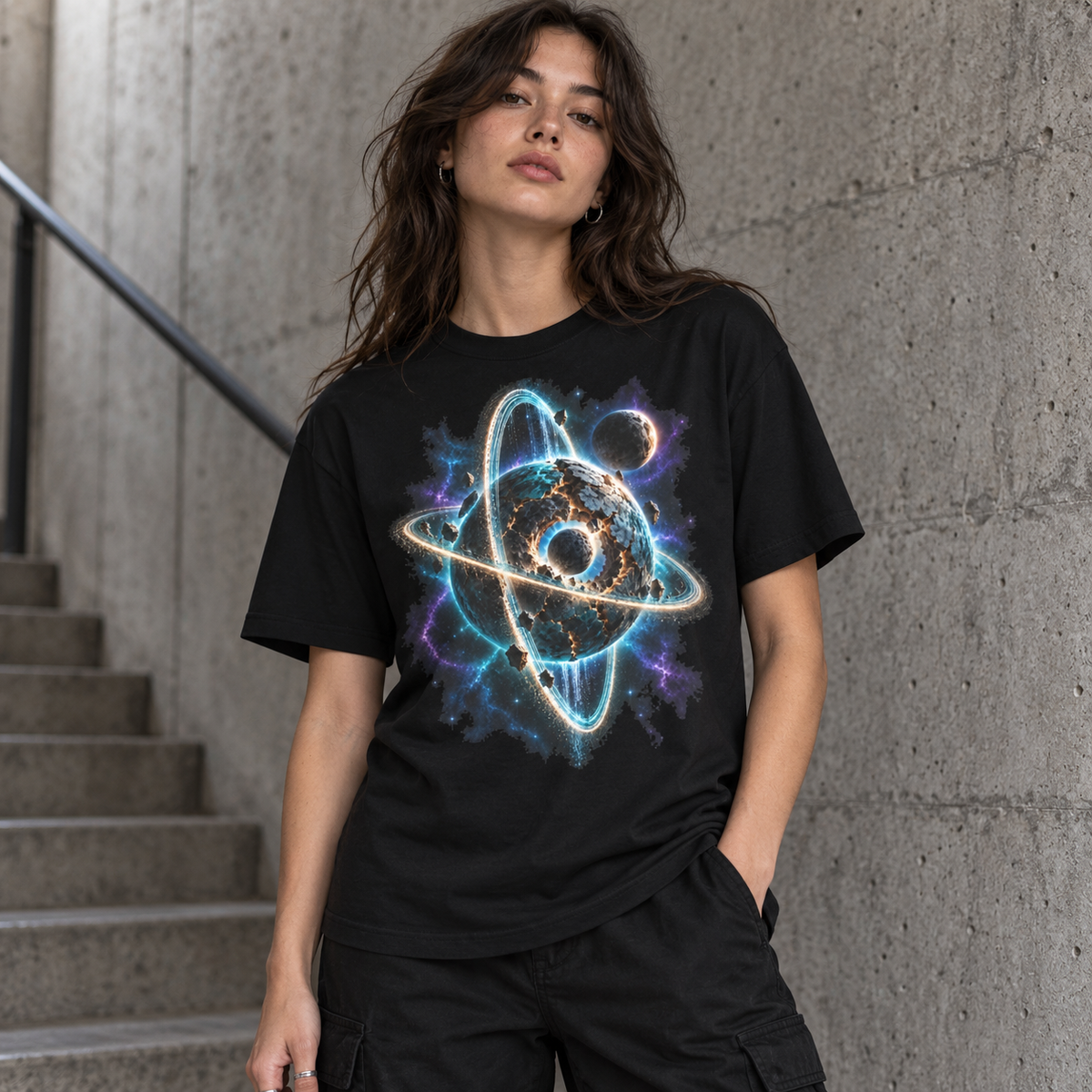 The Impossible Orbit Astral Drift t-shirt with fractured world, inner moon and cyan-gold cosmic artwork