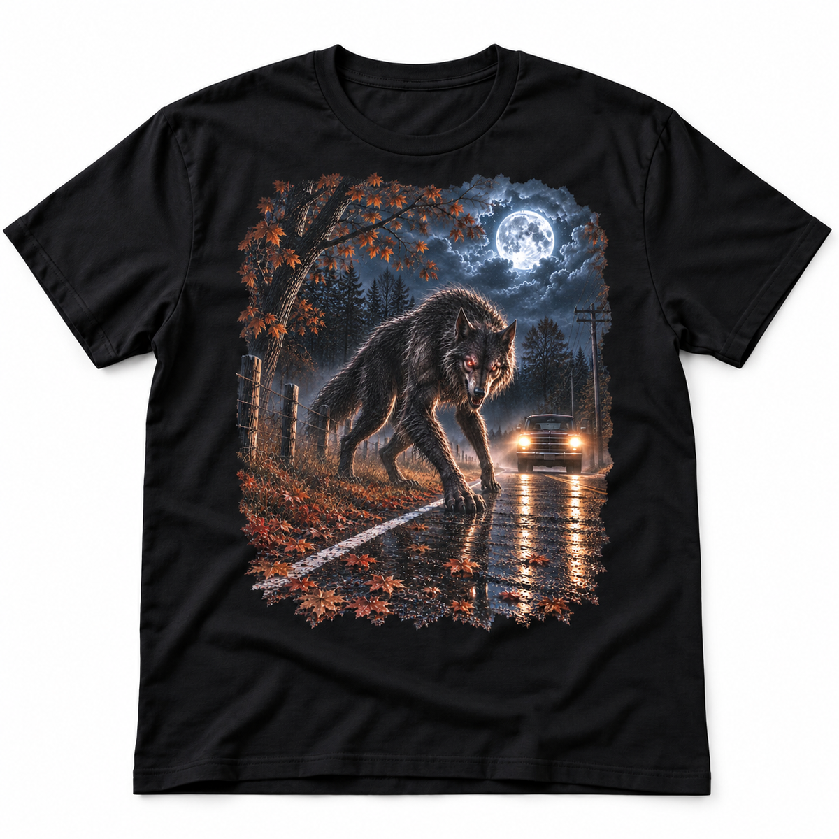 Beast of Bray Road black T-shirt with a wolf-like creature beside car headlights
