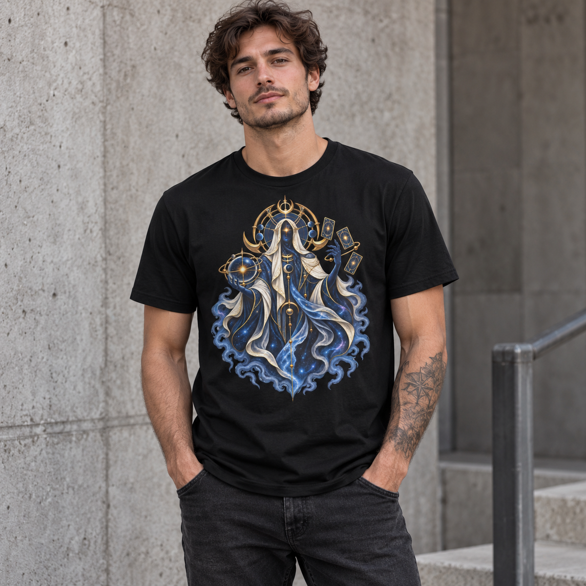 Model wearing the black Astral Oracle cosmic graphic T-shirt by Astral Drift