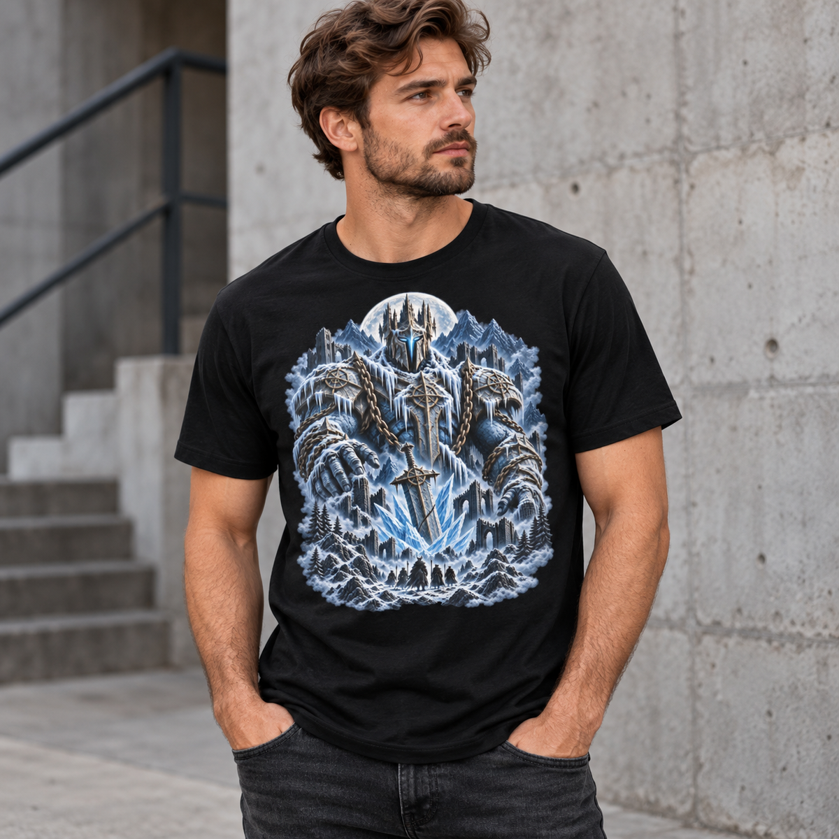 Model wearing the Frost Titan graphic T-shirt on a black tee