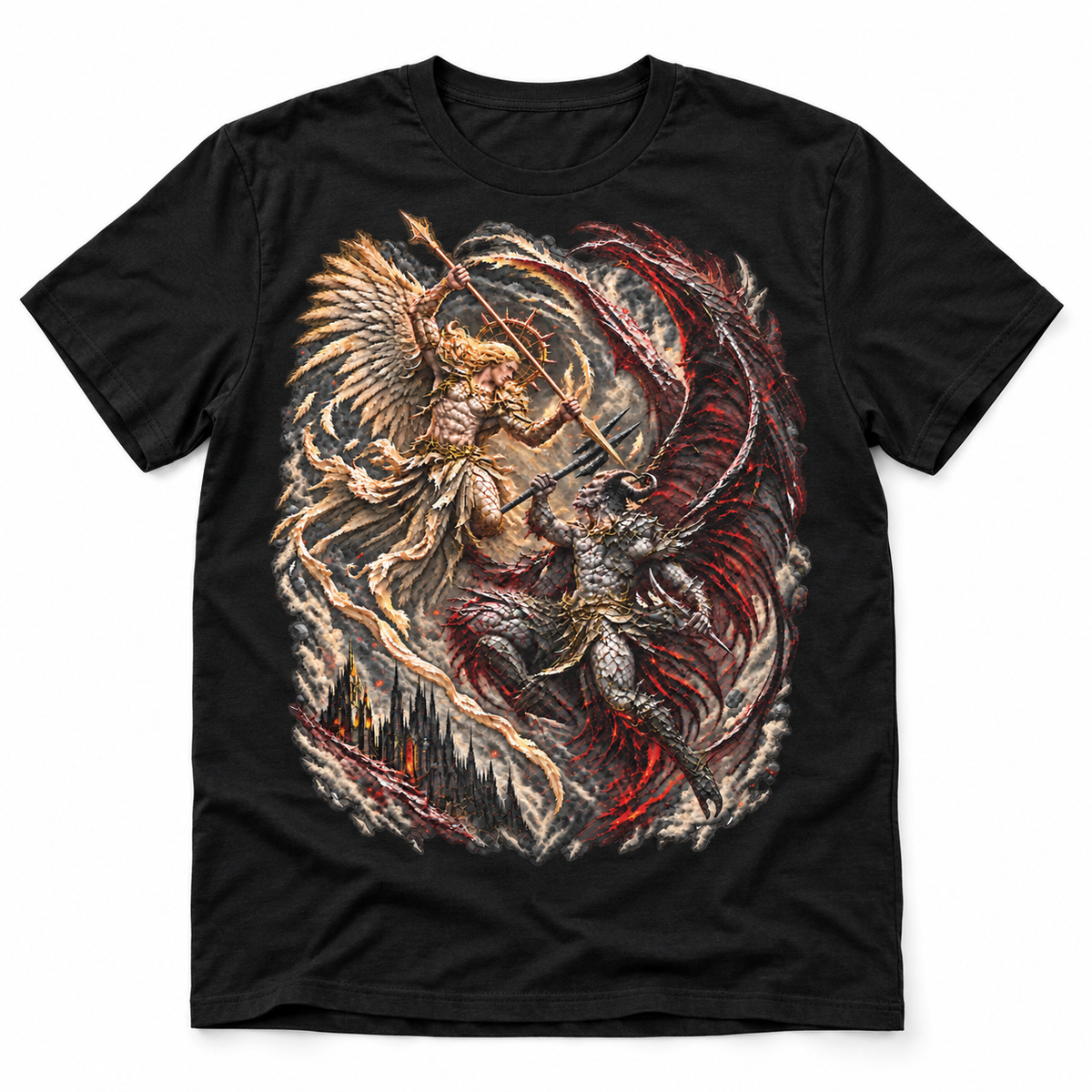 War of the Eternal black angel versus demon graphic T-shirt – Astral Drift