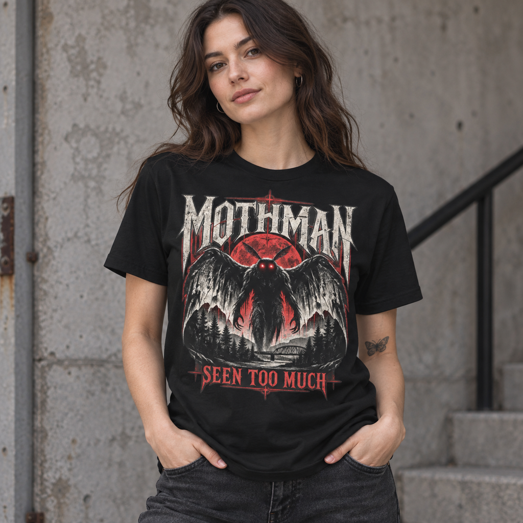 Mothman Seen Too Much black cryptid graphic T-shirt lifestyle model view – Astral Drift