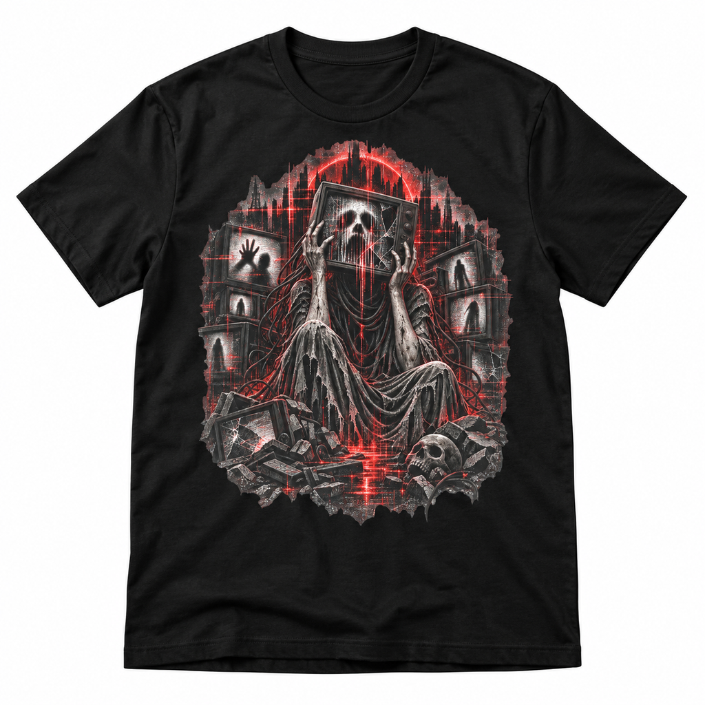 Dead Channel black graphic T-shirt with distorted television static and red analogue horror artwork – Astral Drift