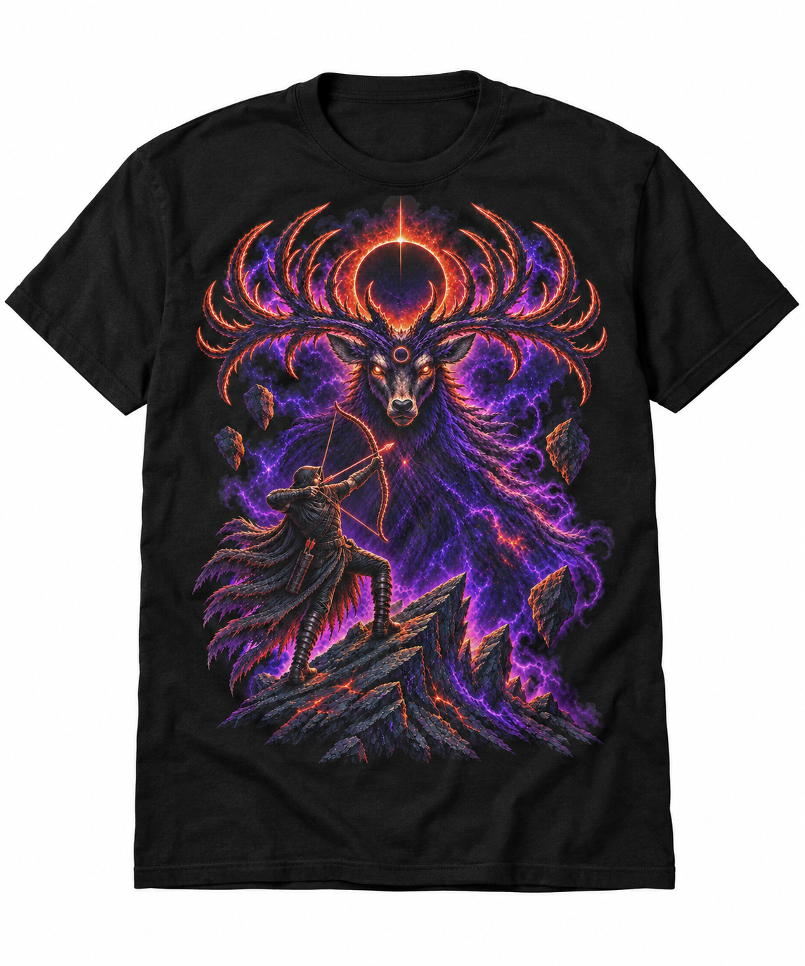 Eclipse Hunter graphic T-shirt flat mockup on a black tee