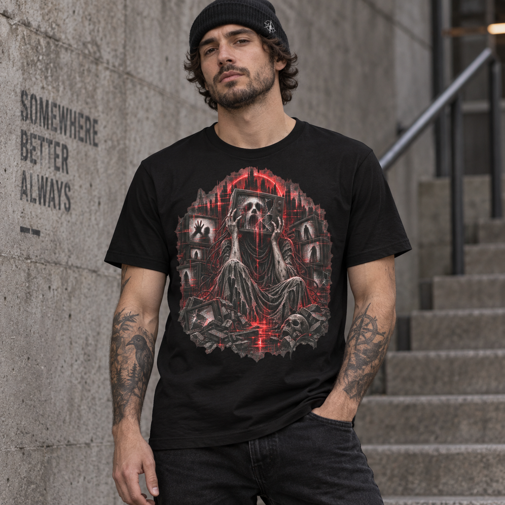 Astral Drift Dead Channel black graphic tee with distressed red, black and white analogue horror artwork