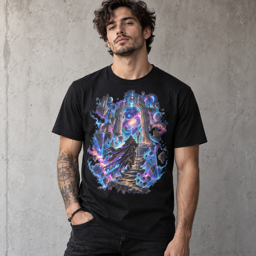 Model wearing Astral Pilgrim black cosmic fantasy graphic T-shirt by Astral Drift