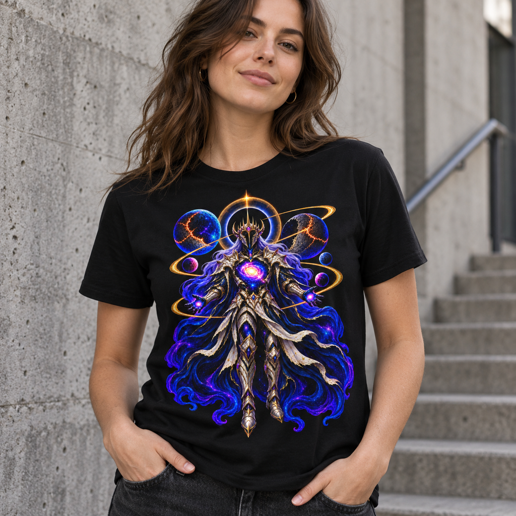 Lifestyle view of the Celestial Void Knight cosmic fantasy graphic T-shirt in black