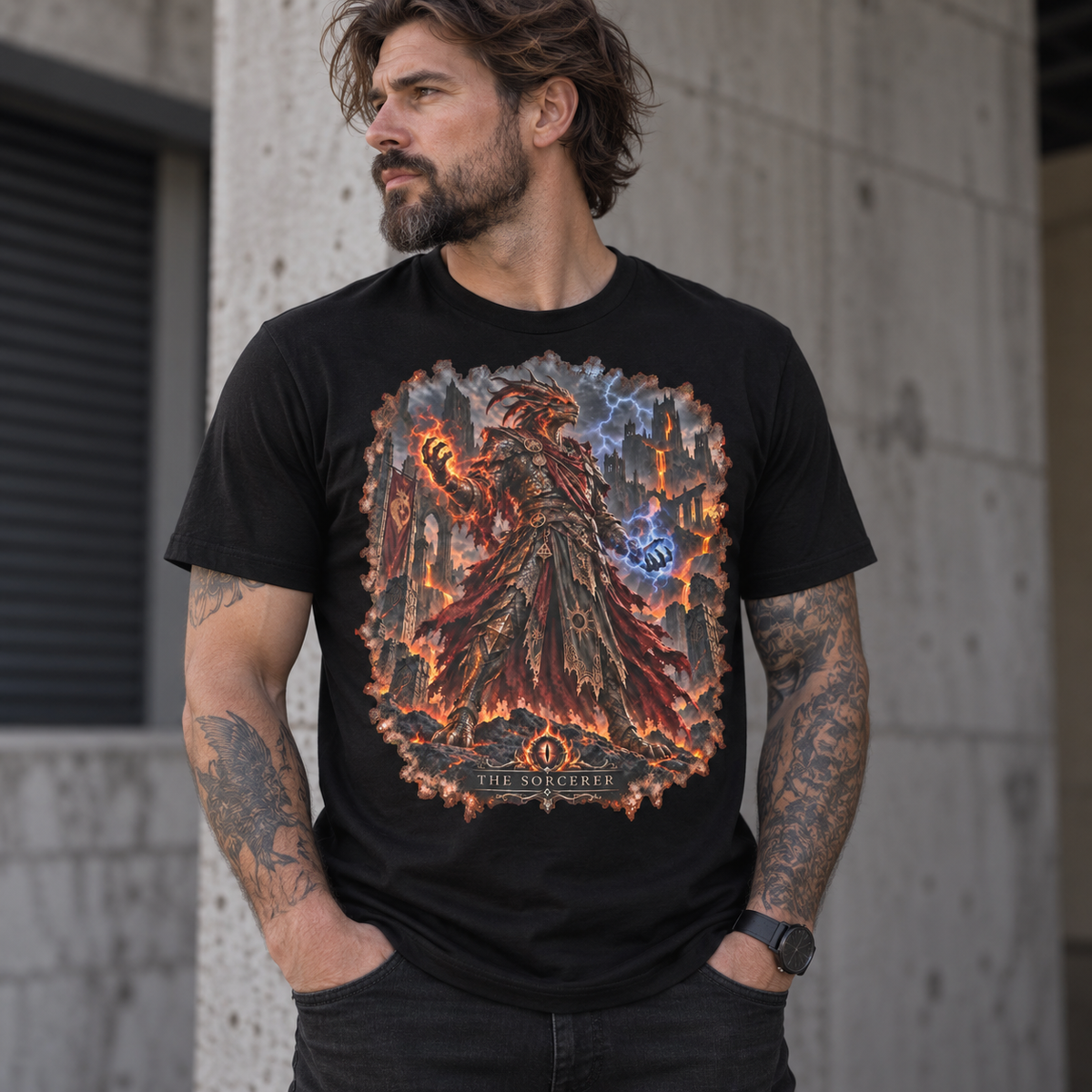 The Sorcerer Gloamforged black graphic T-shirt model mockup – Astral Drift