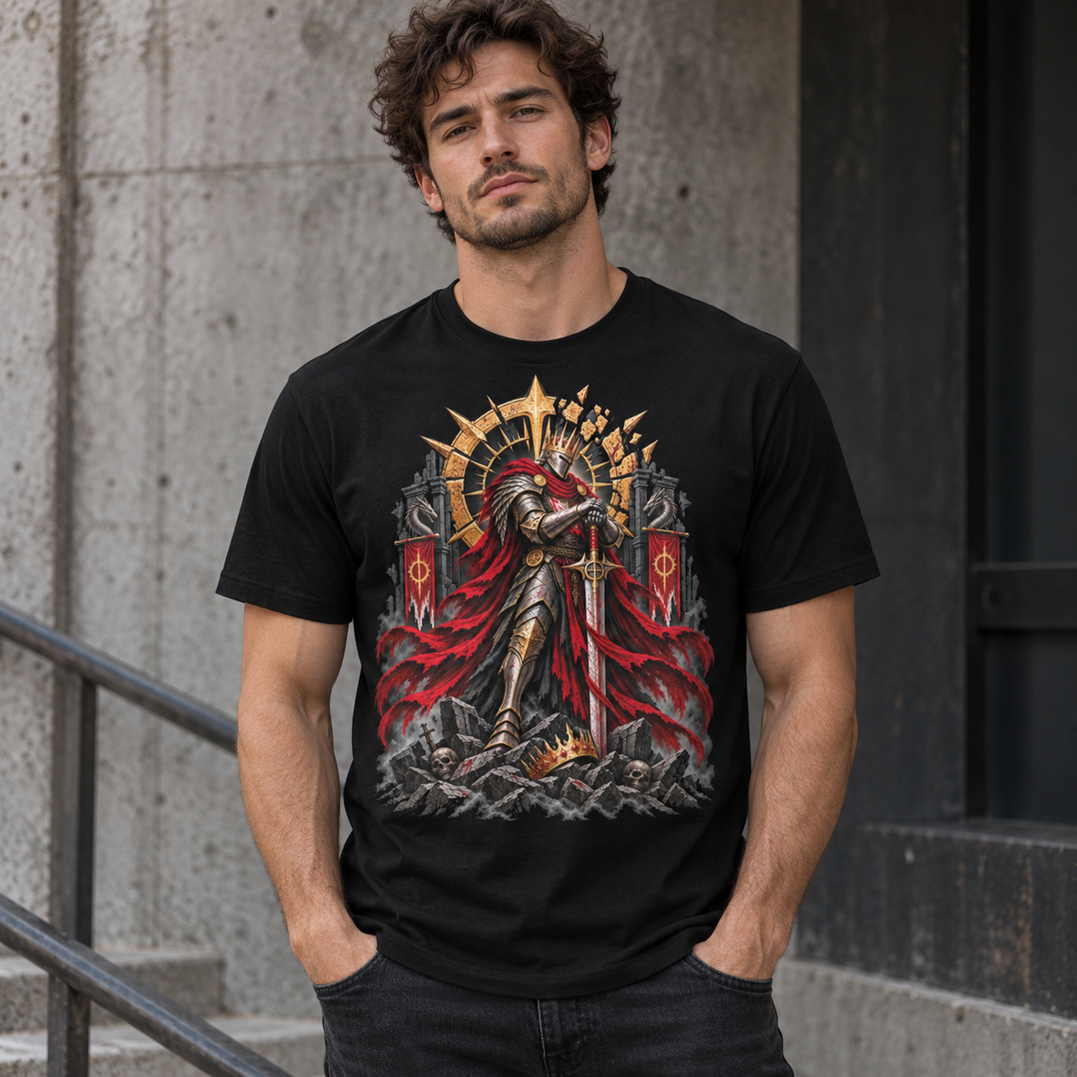 Last Vanguard black graphic T-shirt lifestyle mockup – alternate view by Astral Drift