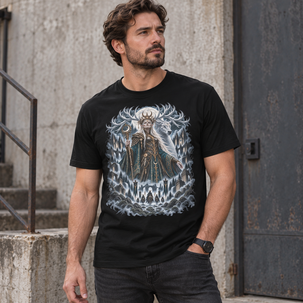 Model wearing black Moonthorn Queen graphic T-shirt with spectral stag and moonlit gothic fantasy artwork