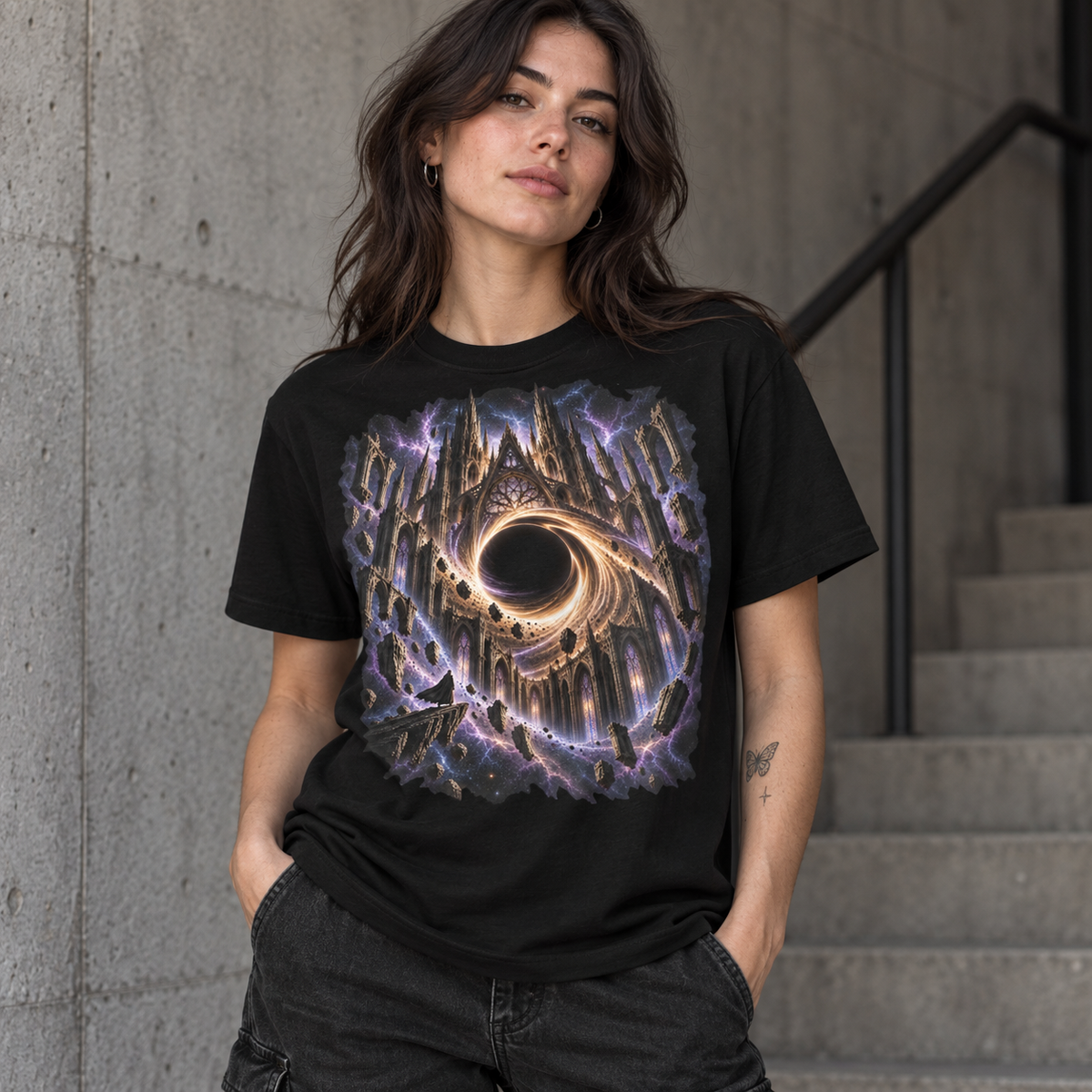 Cathedral of the Event Horizon Cosmic graphic tee with ruined gothic cathedral surrounding a black hole