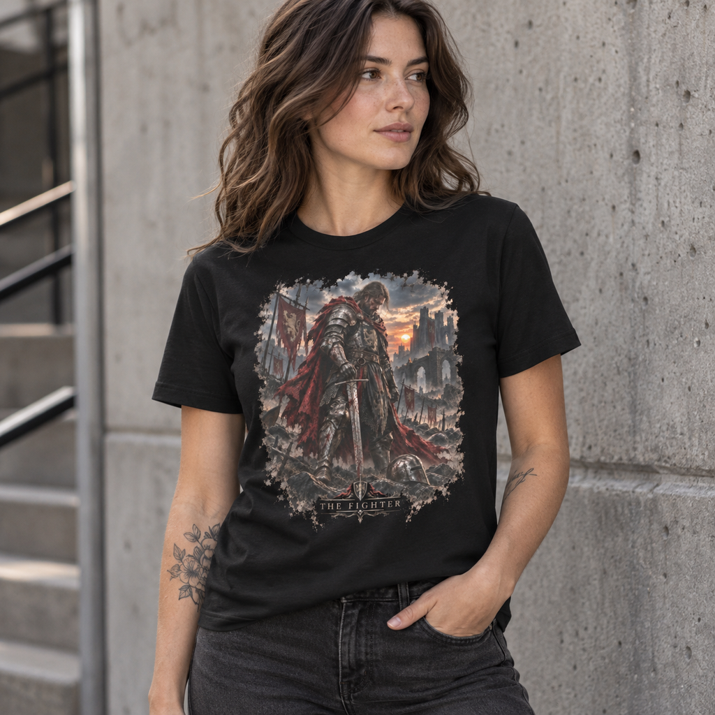 The Fighter Gloamforged dark fantasy graphic T-shirt lifestyle mockup