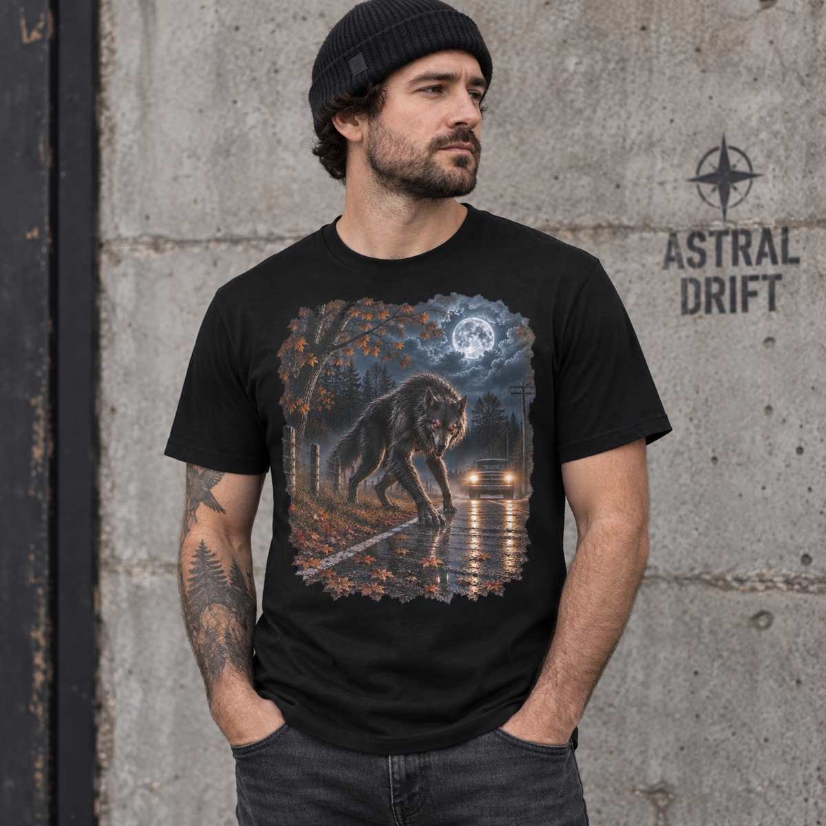 Male model wearing the Beast of Bray Road black T-shirt with werewolf road artwork