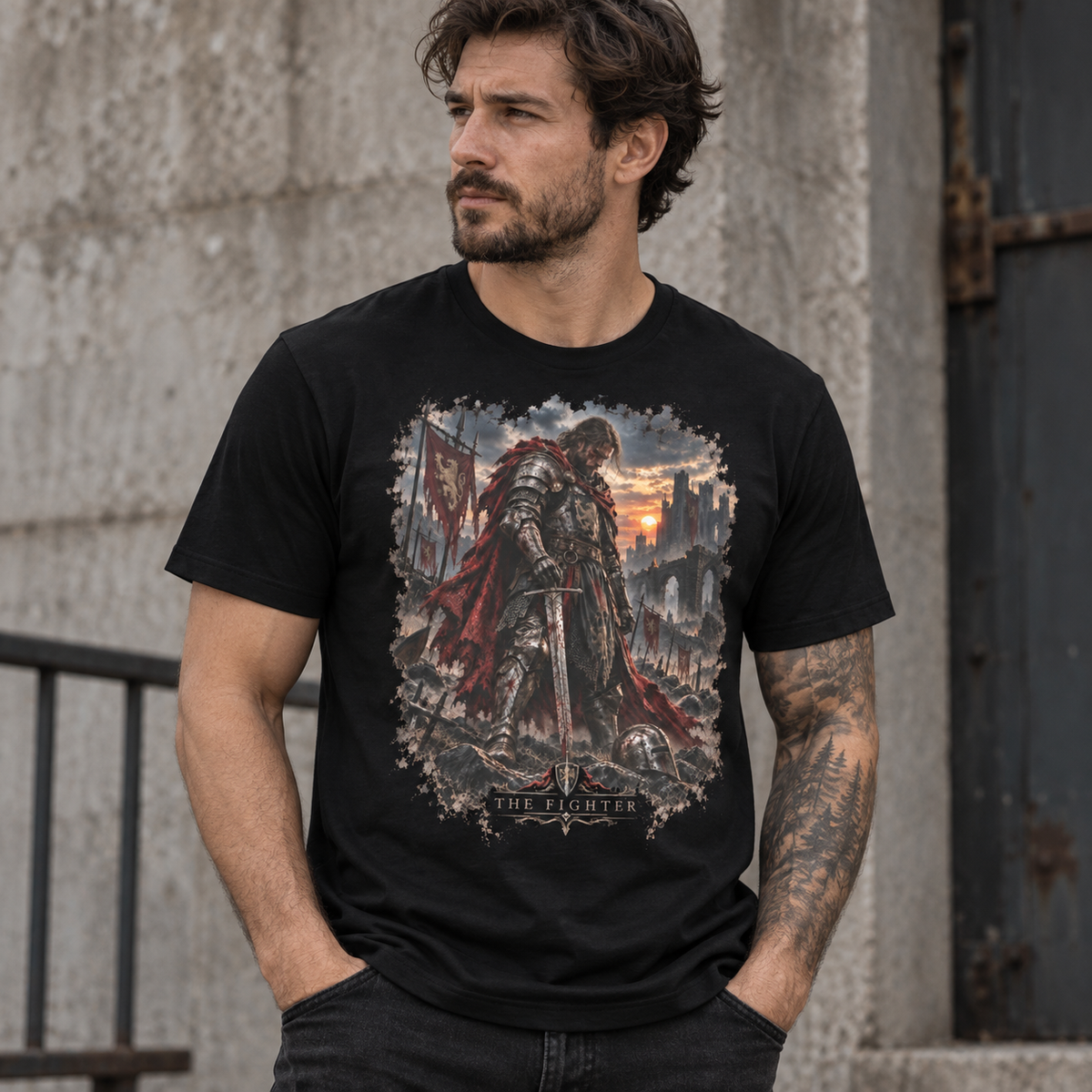 The Fighter Gloamforged dark fantasy graphic T-shirt model mockup