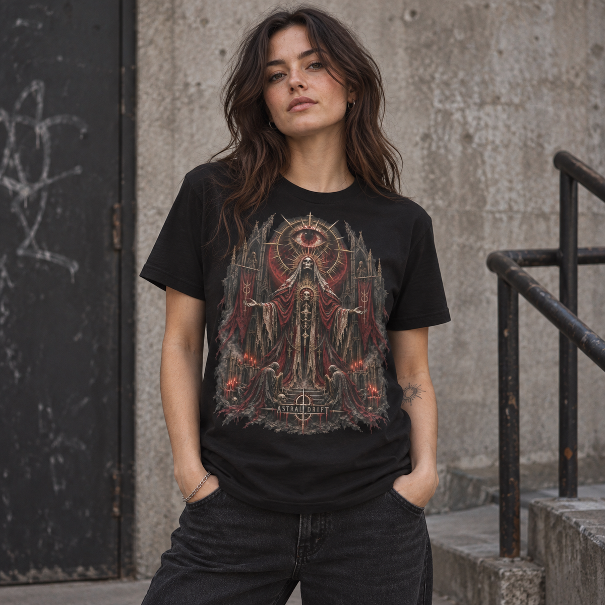 The Bleeding Eye black gothic horror graphic T-shirt by Astral Drift on model