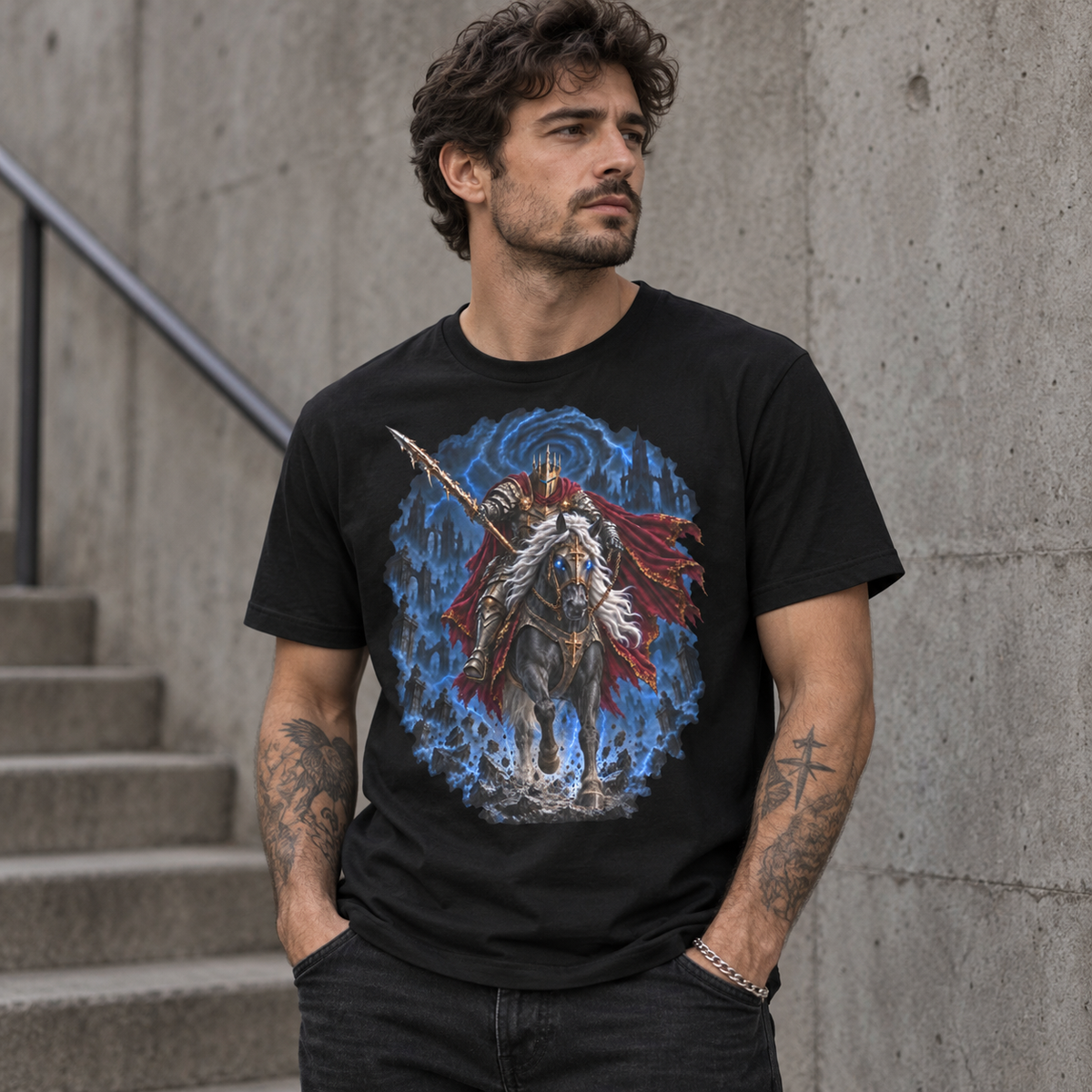 Model wearing black Stormwraith Cavalier graphic T-shirt with armoured rider, warhorse and stormy fantasy ruins