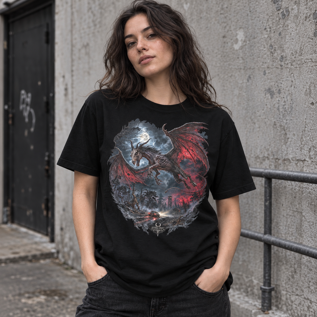 Jersey Devil black cryptid graphic T-shirt worn by model in an urban concrete setting