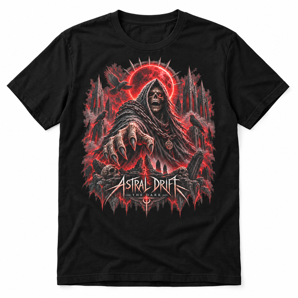 Moon Revenant black dark fantasy graphic T-shirt with blood-red eclipse and ravens – Astral Drift