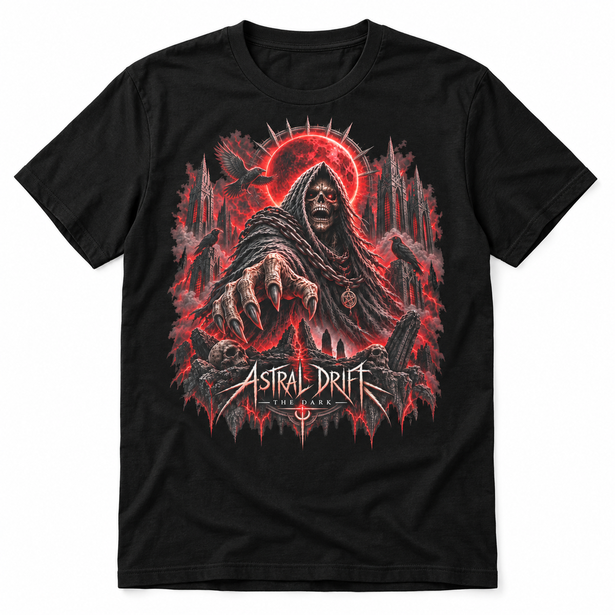 Moon Revenant black dark fantasy graphic T-shirt with blood-red eclipse and ravens – Astral Drift