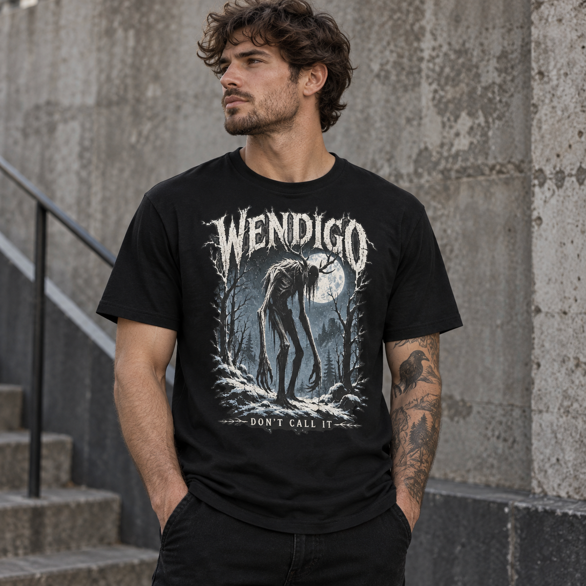 Wendigo Don't Call It black cryptid graphic T-shirt worn by model – Astral Drift