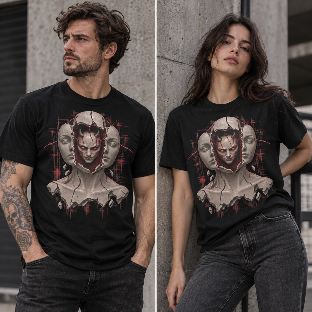 Alternate model wearing The Mannequin graphic T-shirt on a black tee