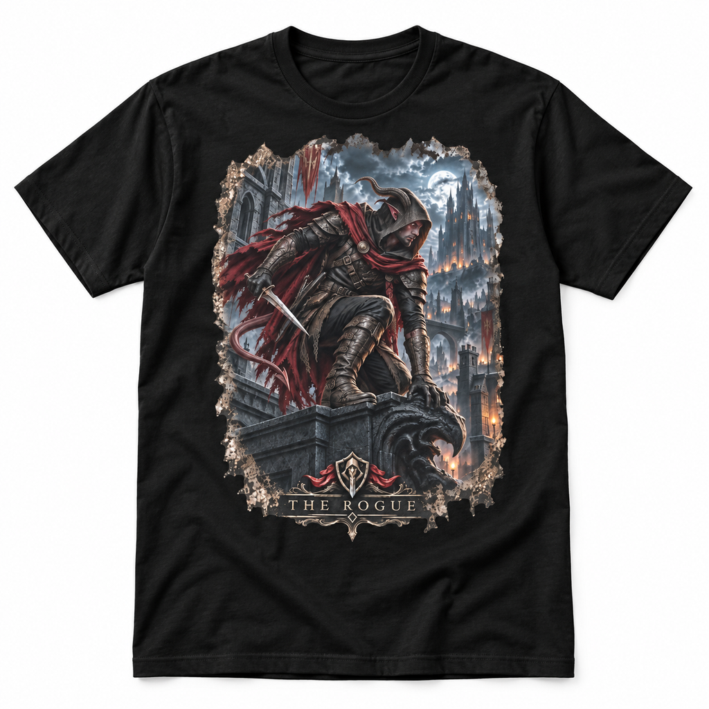The Rogue black Gloamforged graphic T-shirt with tiefling rogue fantasy artwork – Astral Drift