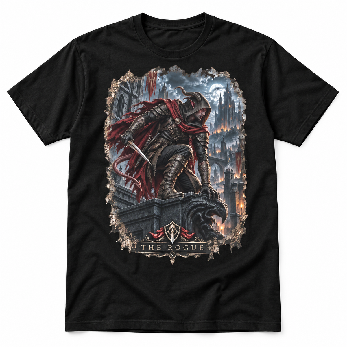 The Rogue black Gloamforged graphic T-shirt with tiefling rogue fantasy artwork – Astral Drift