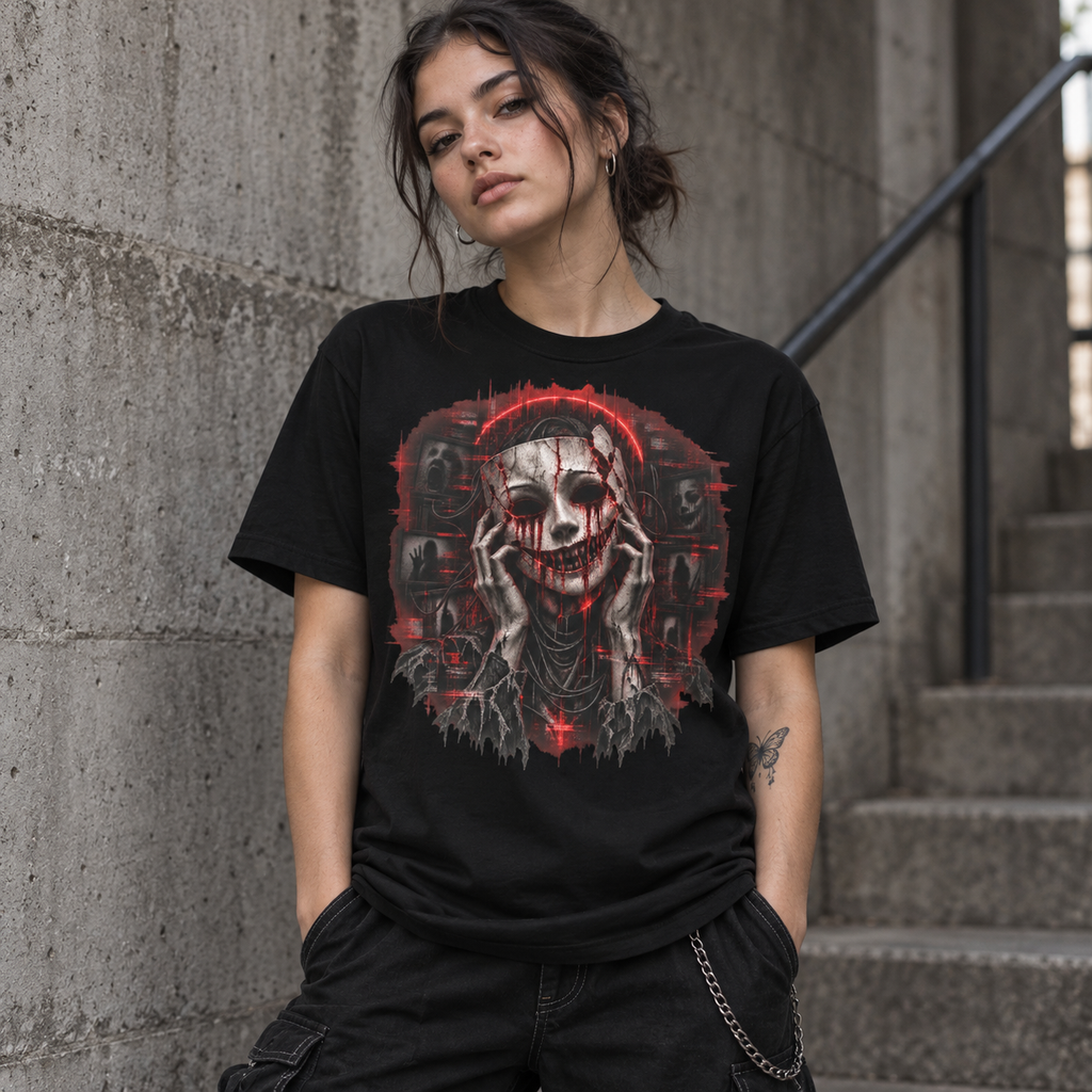 Astral Drift Grinning Mask black tee with cracked mask imagery, signal red detail and glitch horror styling