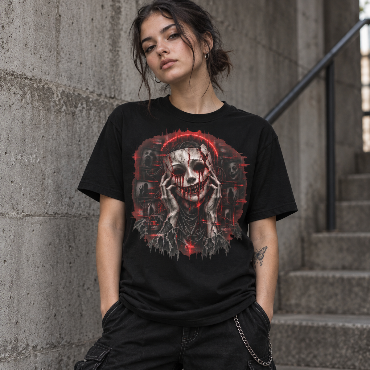 Astral Drift Grinning Mask black tee with cracked mask imagery, signal red detail and glitch horror styling