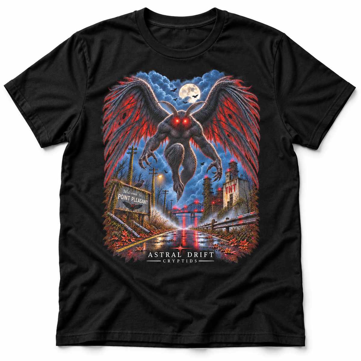 Mothman black graphic T-shirt by Astral Drift