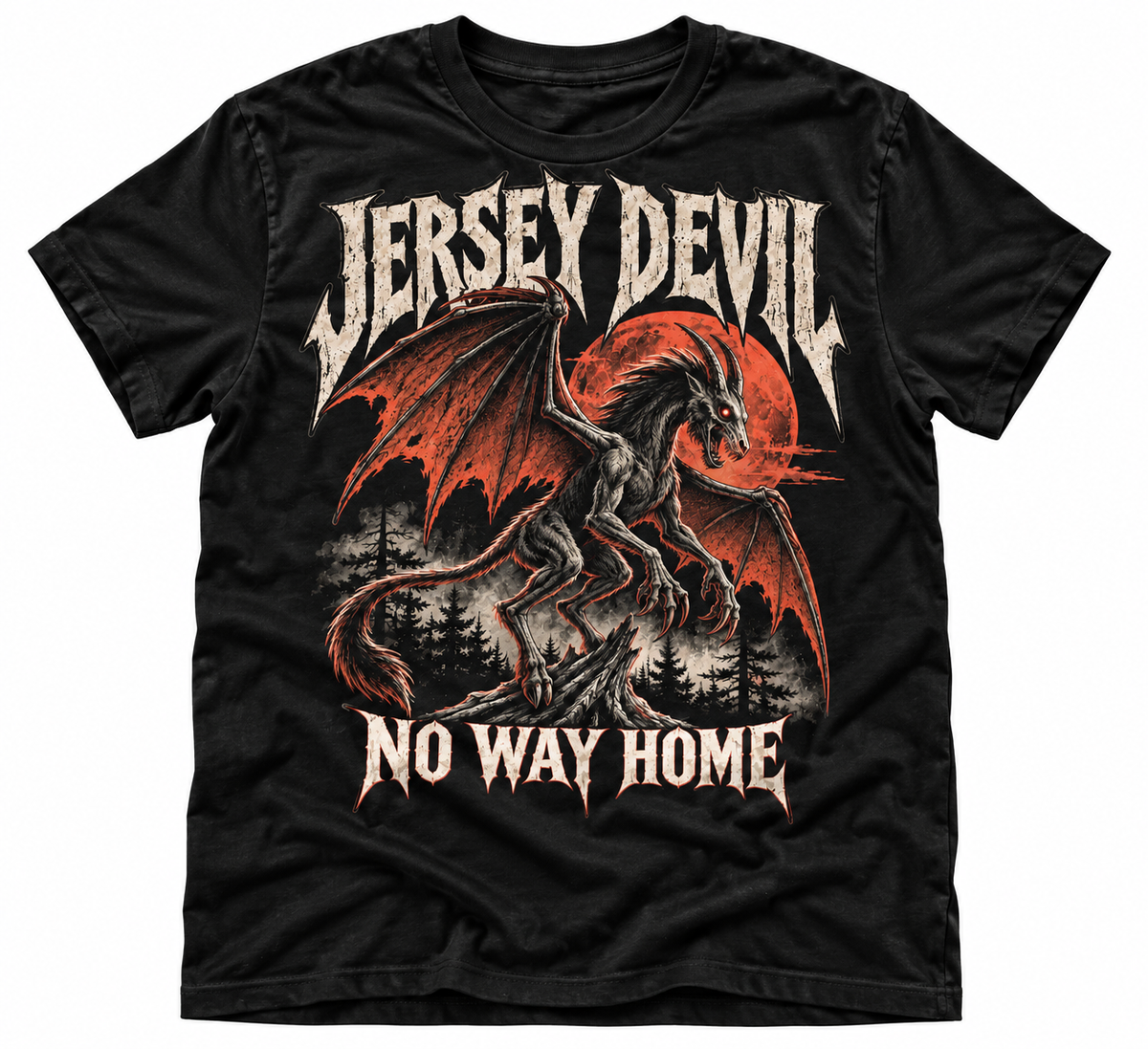 Jersey Devil No Way Home black T-shirt with red-winged creature artwork