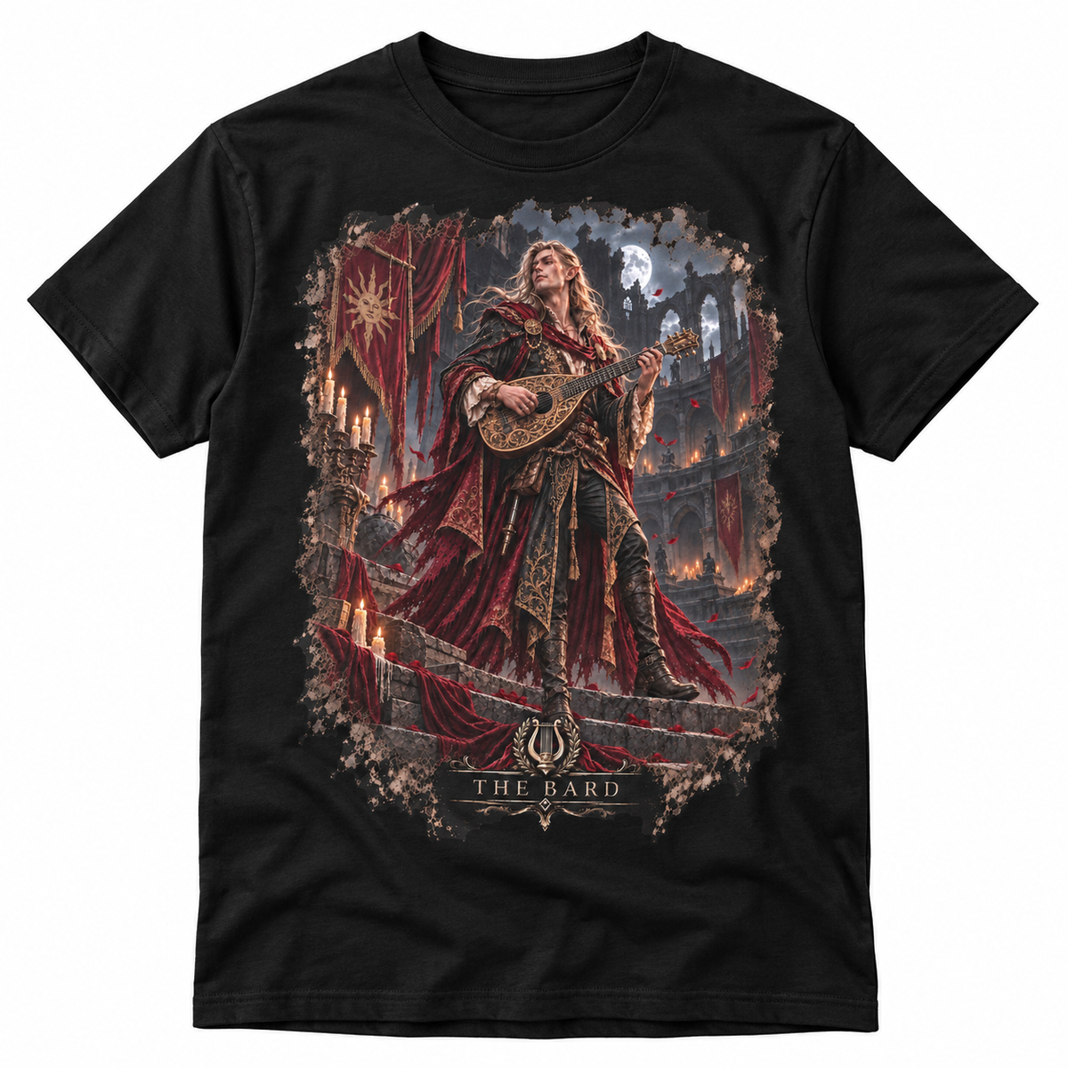 The Bard graphic T-shirt flat mockup on a black tee
