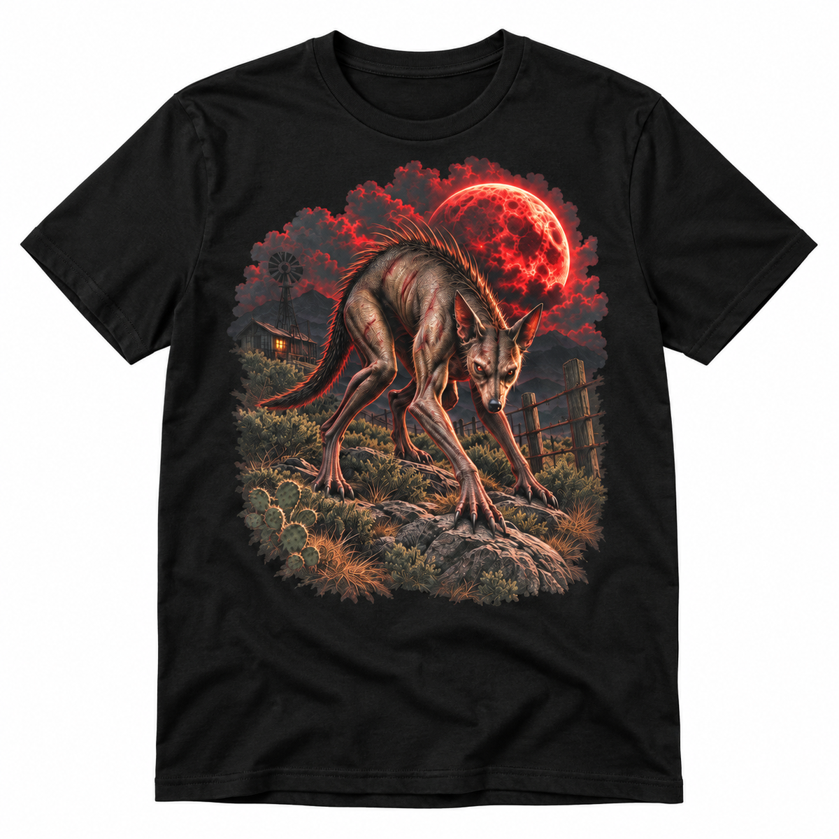 Chupacabra cryptid graphic T-shirt flat mockup with red moon artwork on a black tee