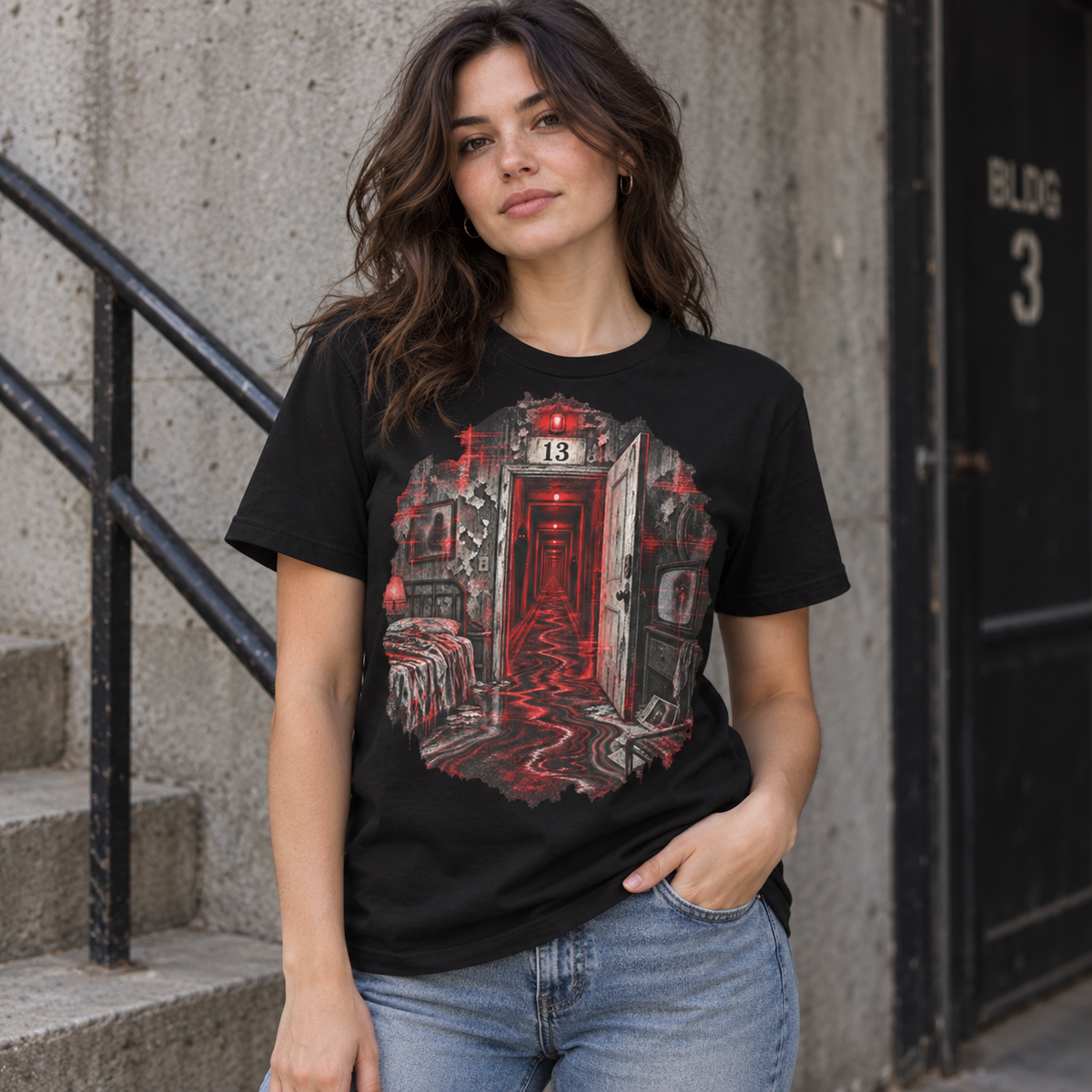 Astral Drift Room 13 black graphic tee with distressed red, black and white horror artwork