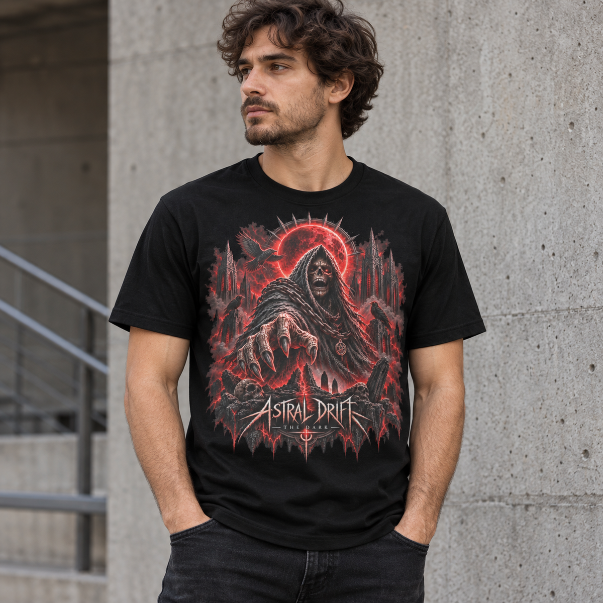 Model wearing Moon Revenant black dark fantasy graphic T-shirt by Astral Drift
