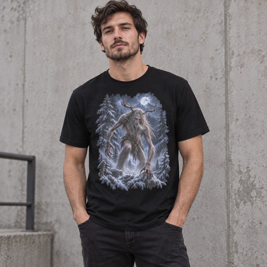 Male model wearing the Wendigo black graphic T-shirt in an urban concrete setting