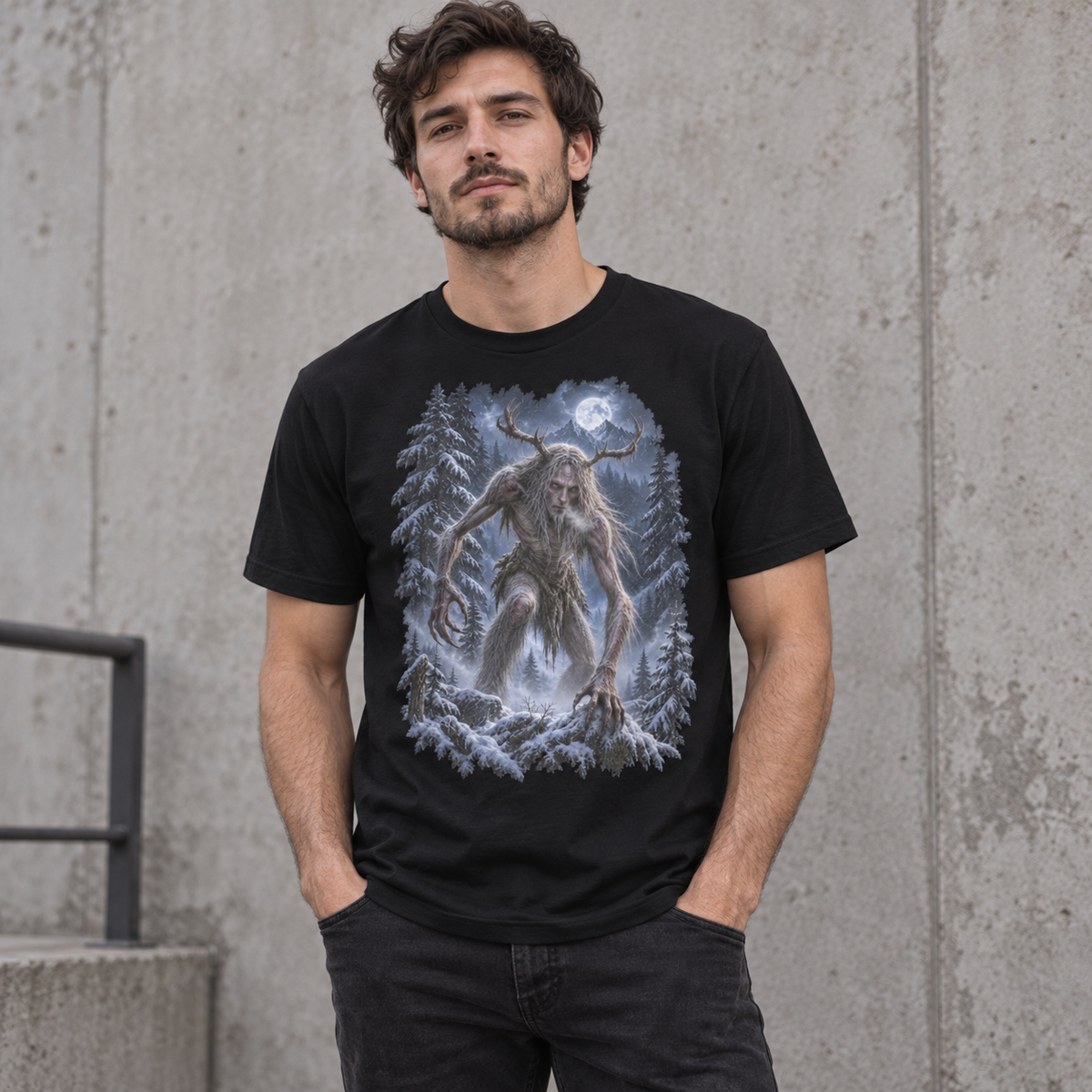 Male model wearing the Wendigo black graphic T-shirt in an urban concrete setting