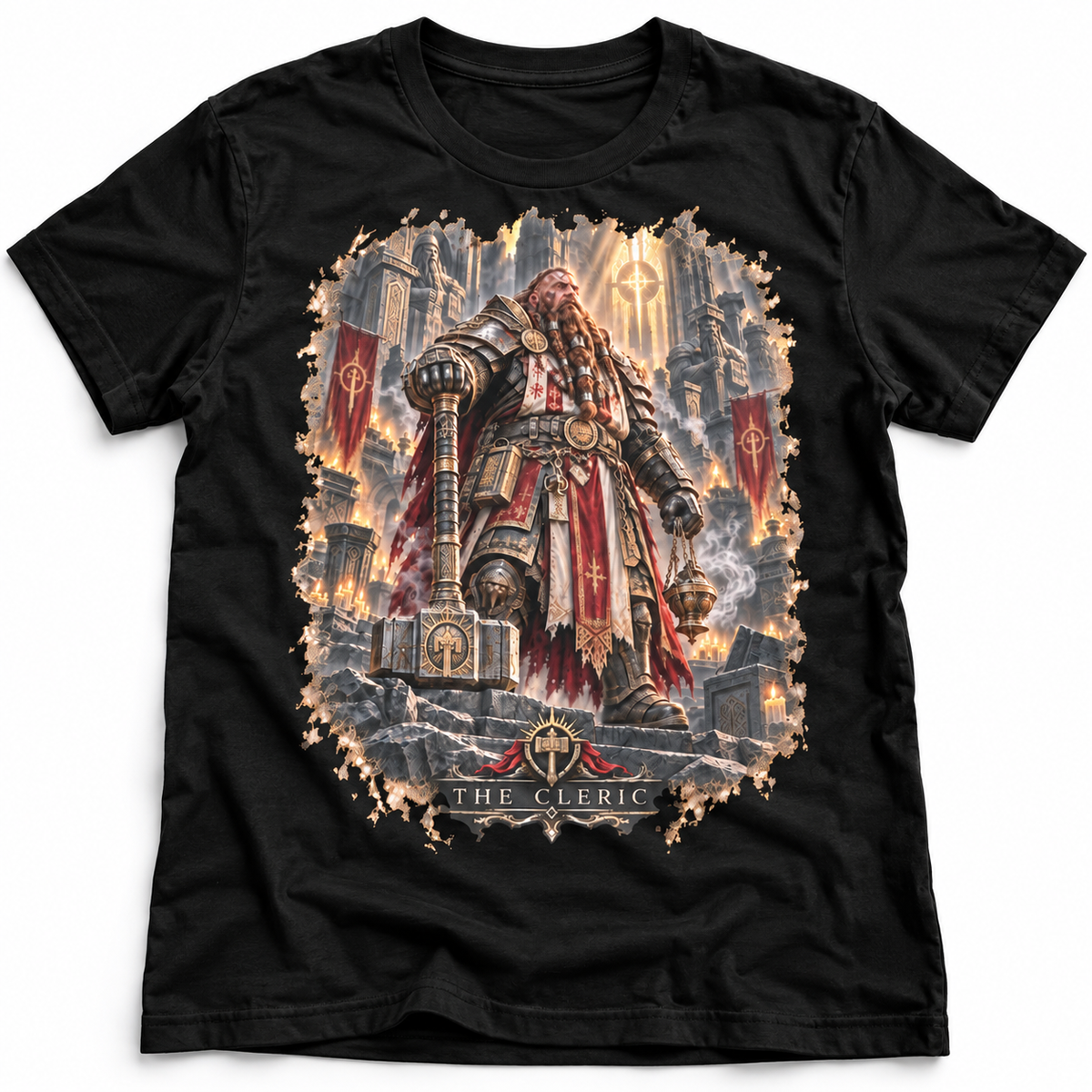 The Cleric black fantasy graphic T-shirt by Astral Drift