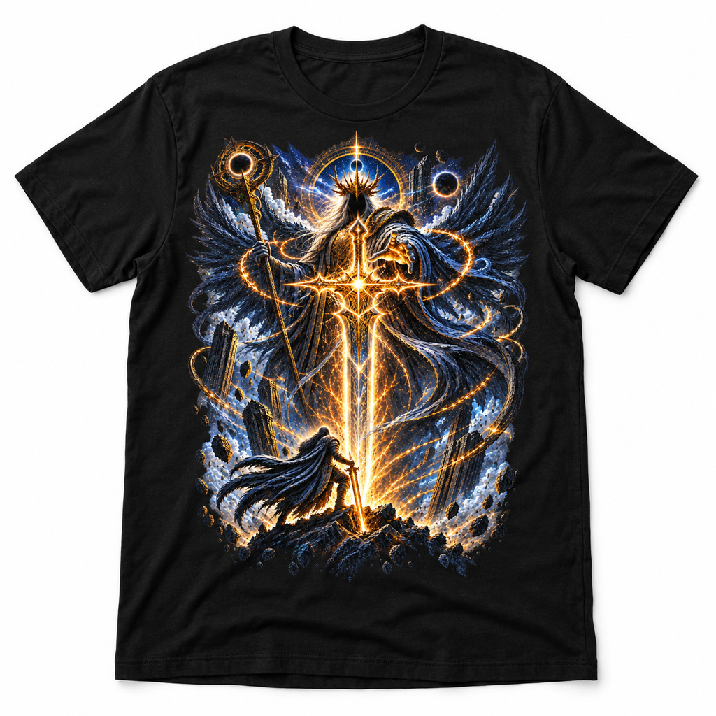 Starforged black dark fantasy graphic T-shirt with celestial blade and lone warrior – Astral Drift