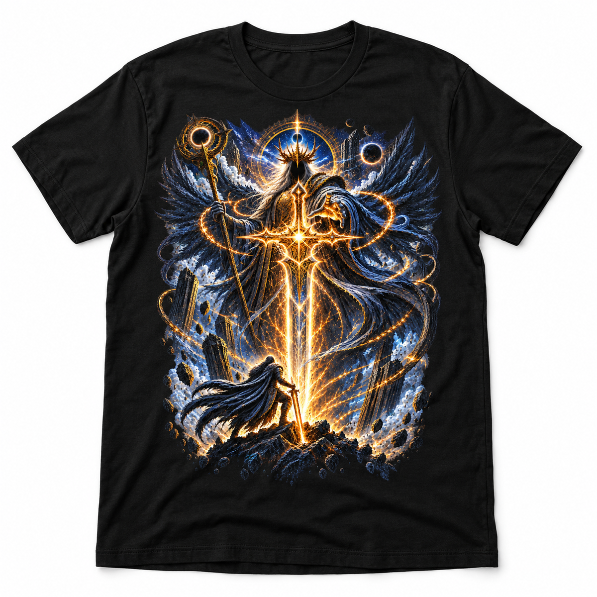 Starforged black dark fantasy graphic T-shirt with celestial blade and lone warrior – Astral Drift