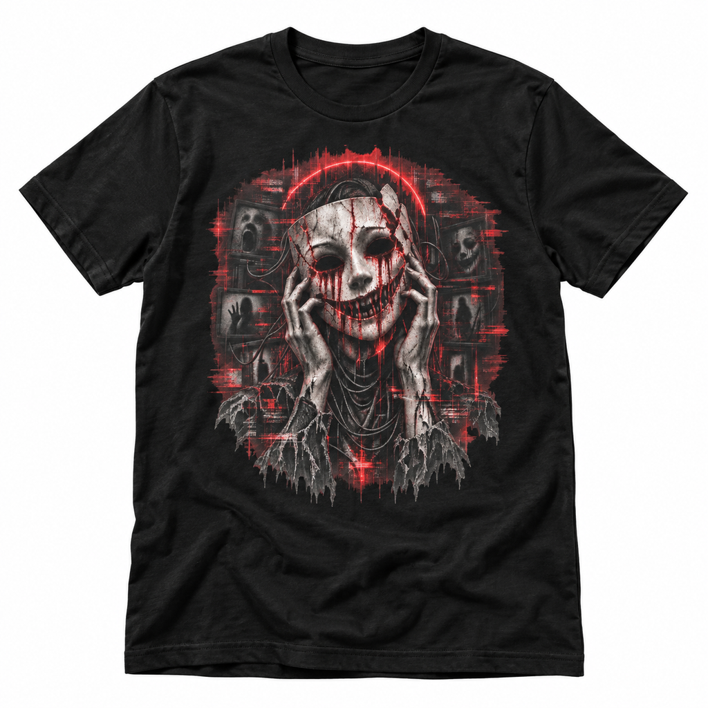 Grinning Mask black graphic T-shirt with fractured porcelain mask and red static artwork – Astral Drift