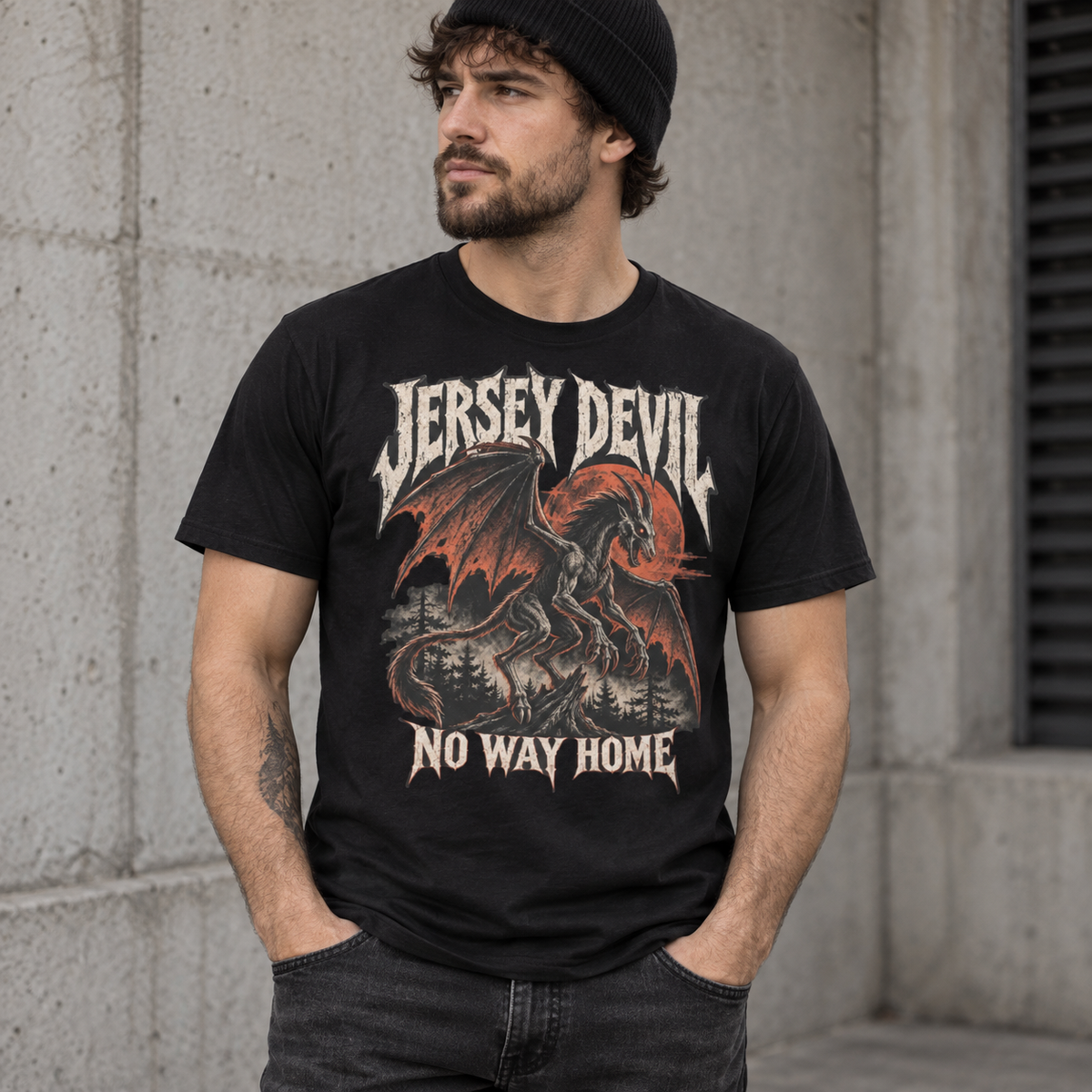 Jersey Devil No Way Home black cryptid graphic T-shirt worn by model – Astral Drift