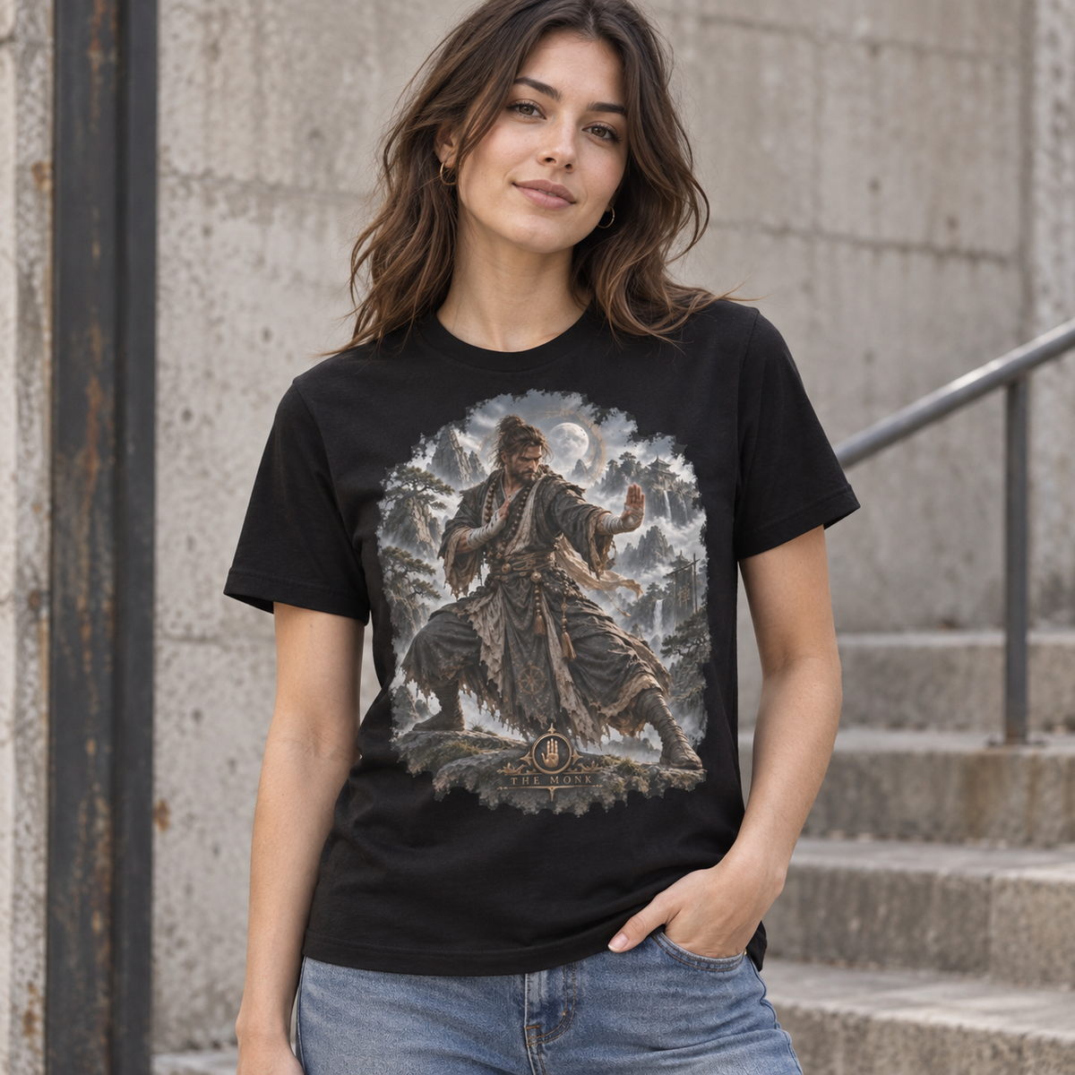 The Monk Gloamforged black graphic T-shirt alternate model view – Astral Drift