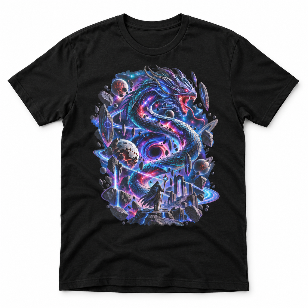 Void Serpent black cosmic graphic T-shirt with detailed surreal serpent artwork – Astral Drift
