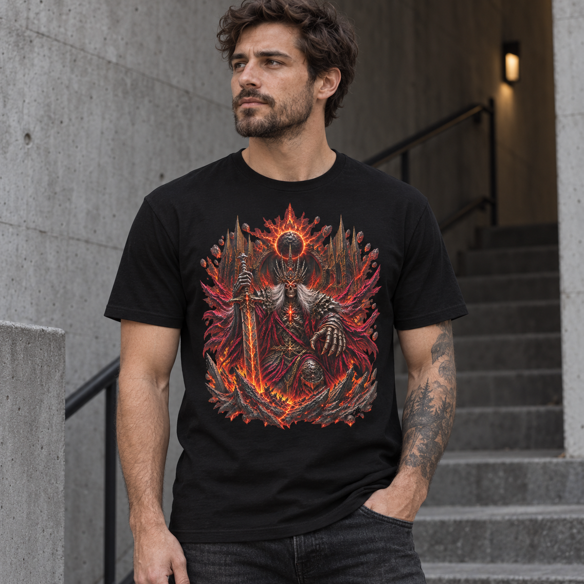 Model wearing Crown of Cinders black dark fantasy graphic T-shirt by Astral Drift